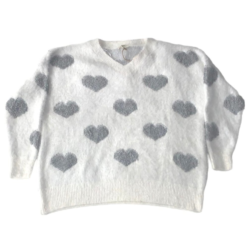 White with gray Hearts oversize V neck sweater Size Large NWT